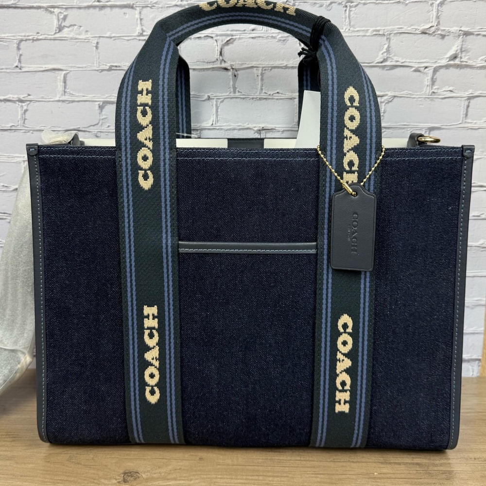 NWT Coach Smith large Tote Gold/Dark Denim Navy Blue CCL68